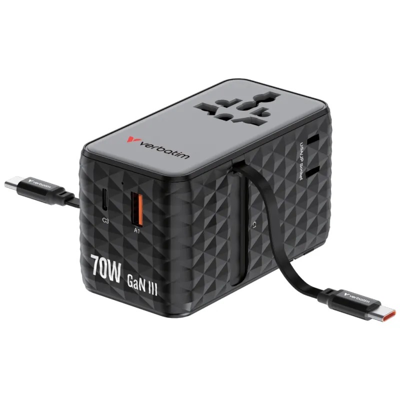 Adaptateur Travel 70W 2C Verbatim - Chargeur rétractable